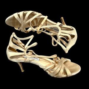 JIMMY CHOO Gold Strappy High Heel Sandals Open Toe Shoes Size 37.5 (6.5 US)